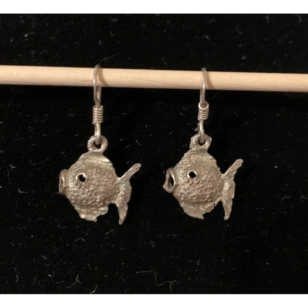 Vintage Sterling Silver Puffy Blow Fish Earrings Dangle Drop